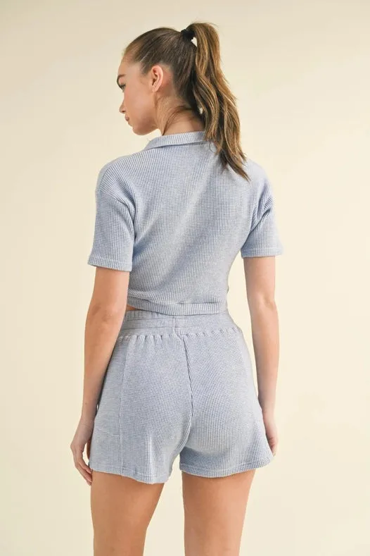 Waffle Knit Polo And Short Set Blue