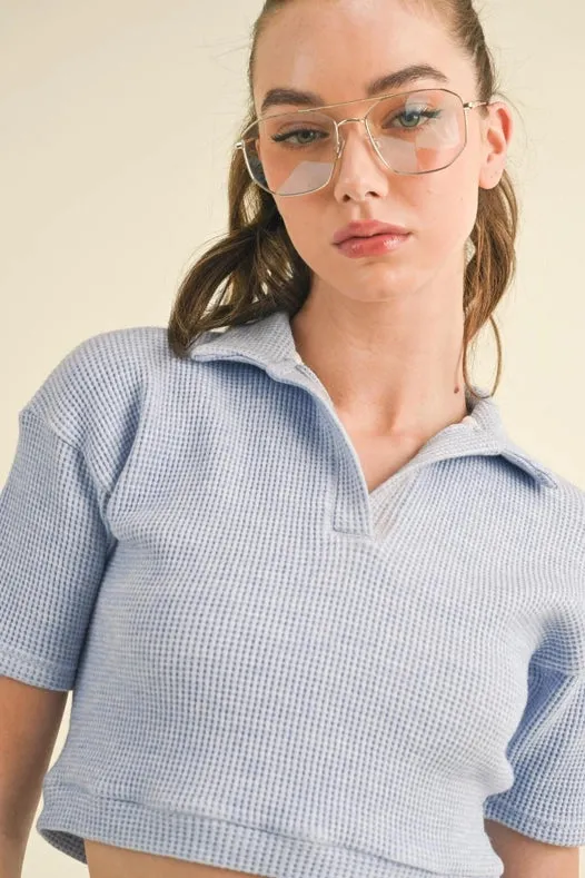 Waffle Knit Polo And Short Set Blue