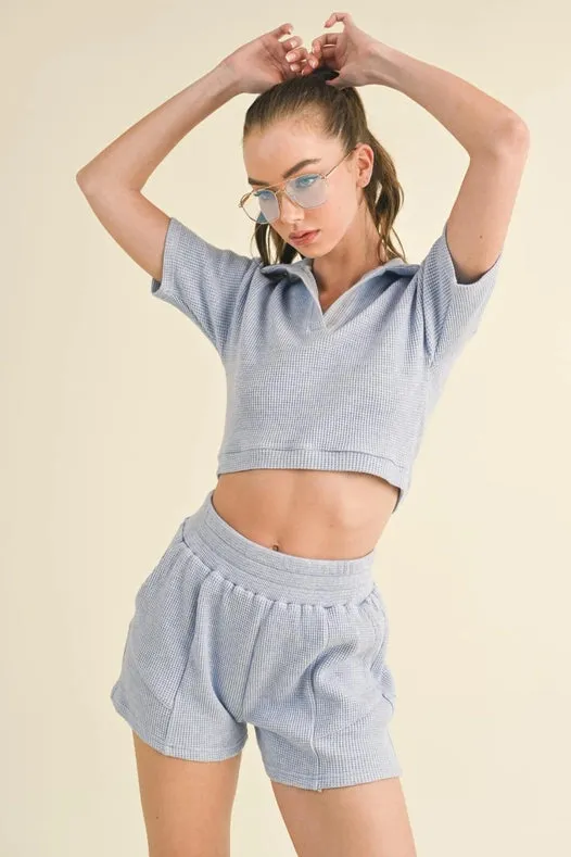 Waffle Knit Polo And Short Set Blue
