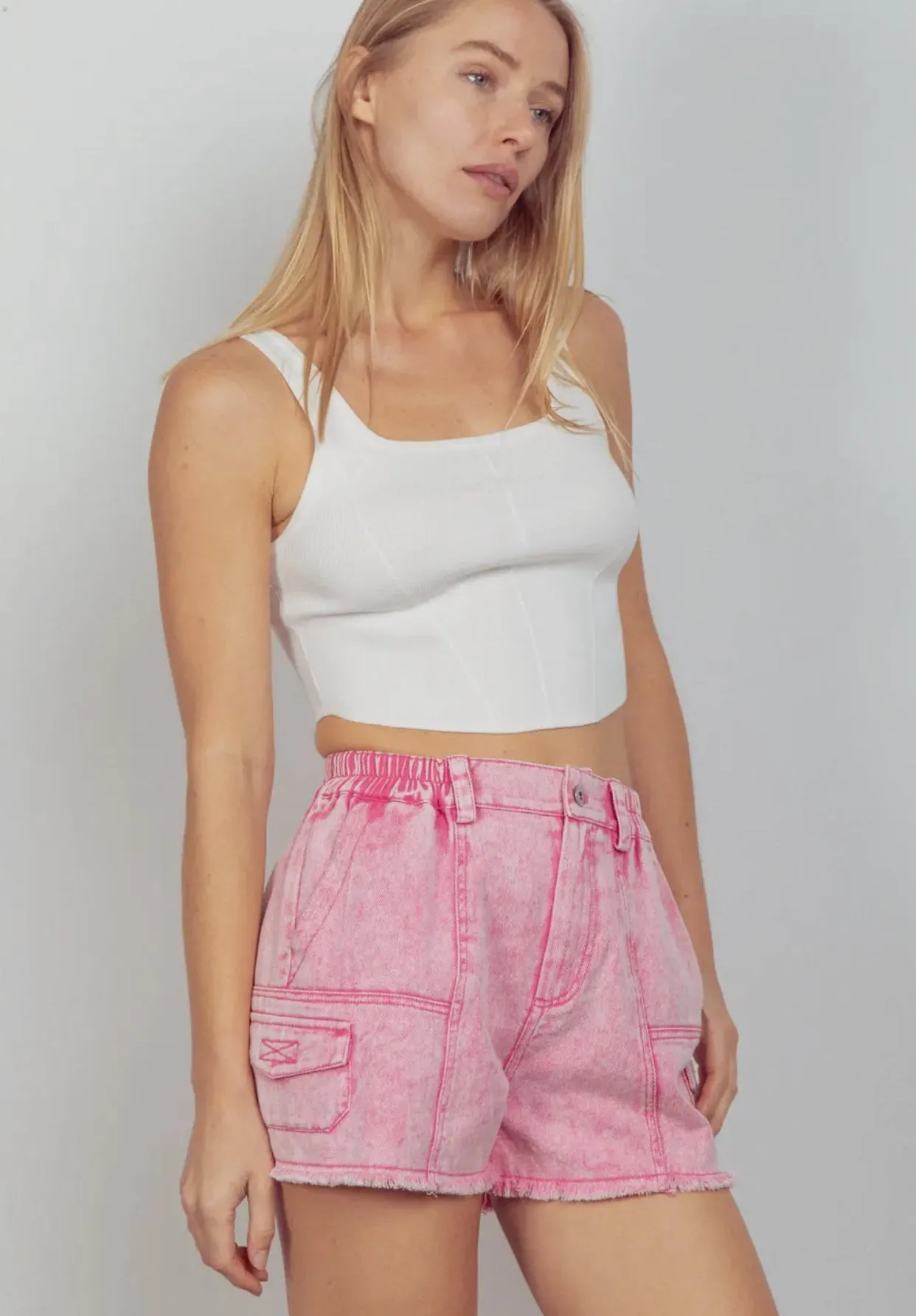 Washed Cotton Twill Denim Cargo Shorts