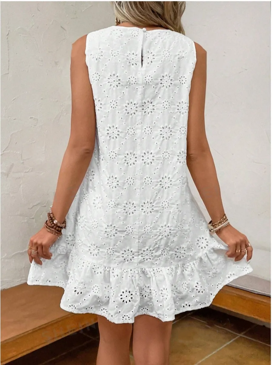 White Embroidered Round Neck Vest Dress