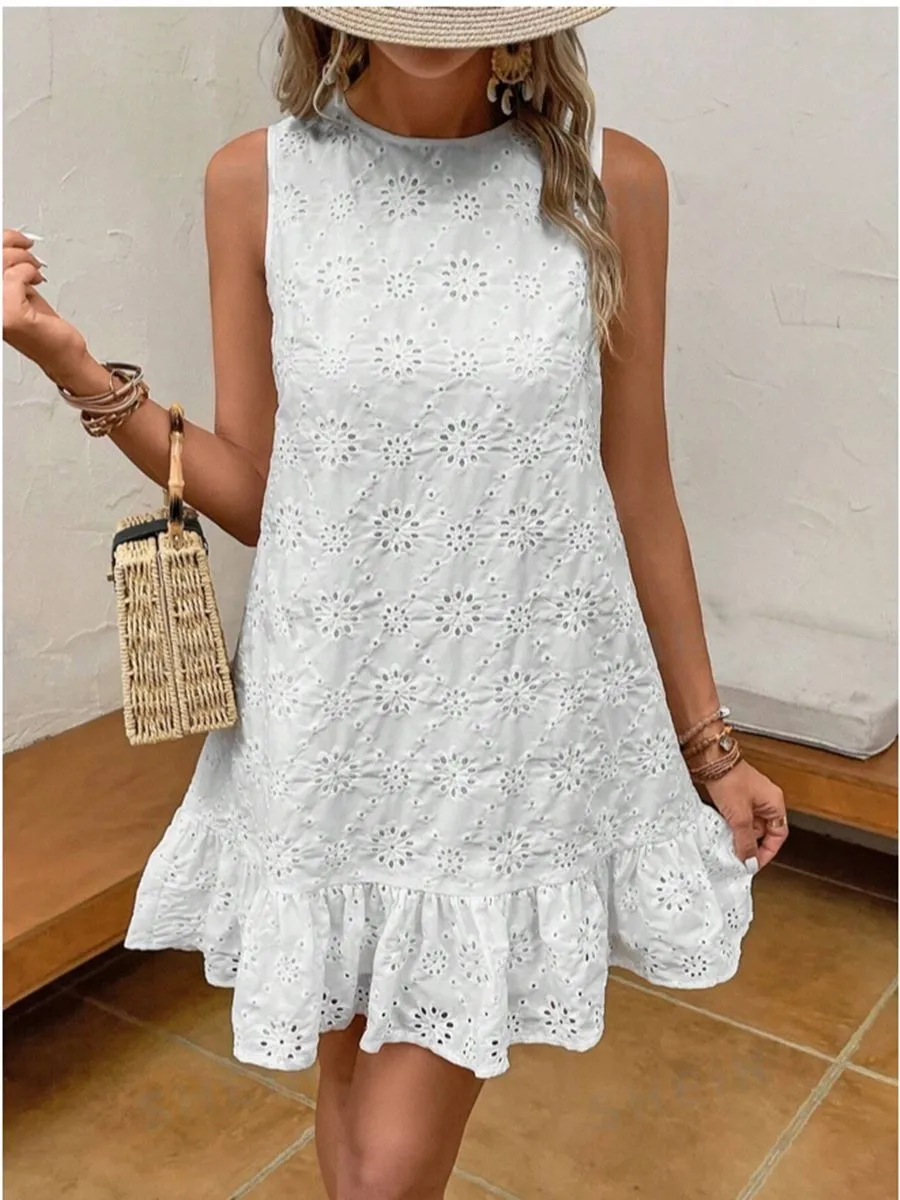 White Embroidered Round Neck Vest Dress