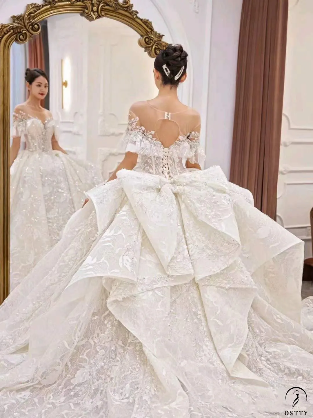 White Queen Collar Short Sleeve Crystals Pearl Wedding Dress OS09281