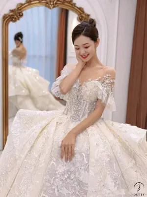 White Queen Collar Short Sleeve Crystals Pearl Wedding Dress OS09281