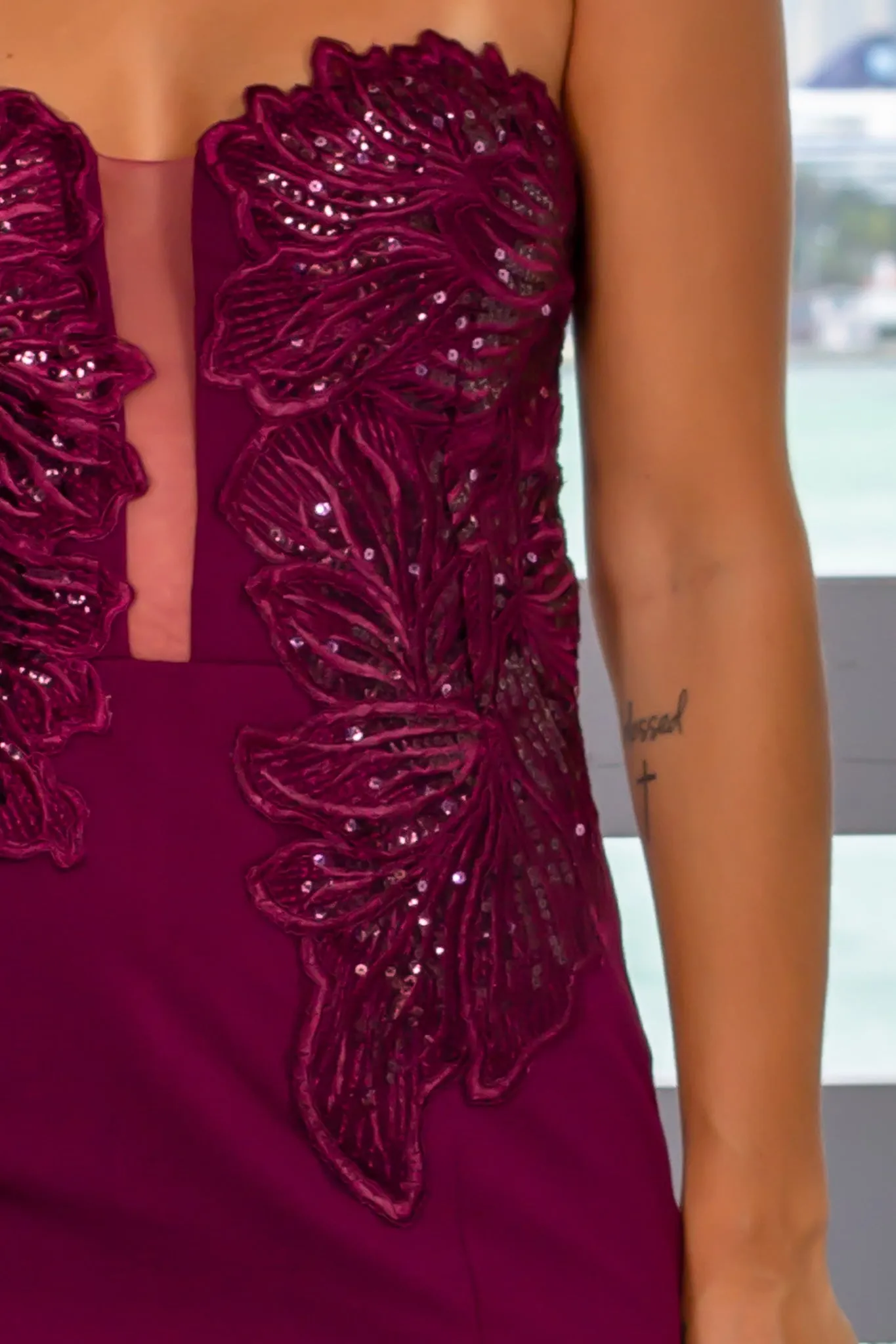 Wine Strapless Embroidered Maxi Dress
