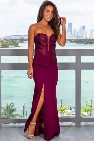 Wine Strapless Embroidered Maxi Dress