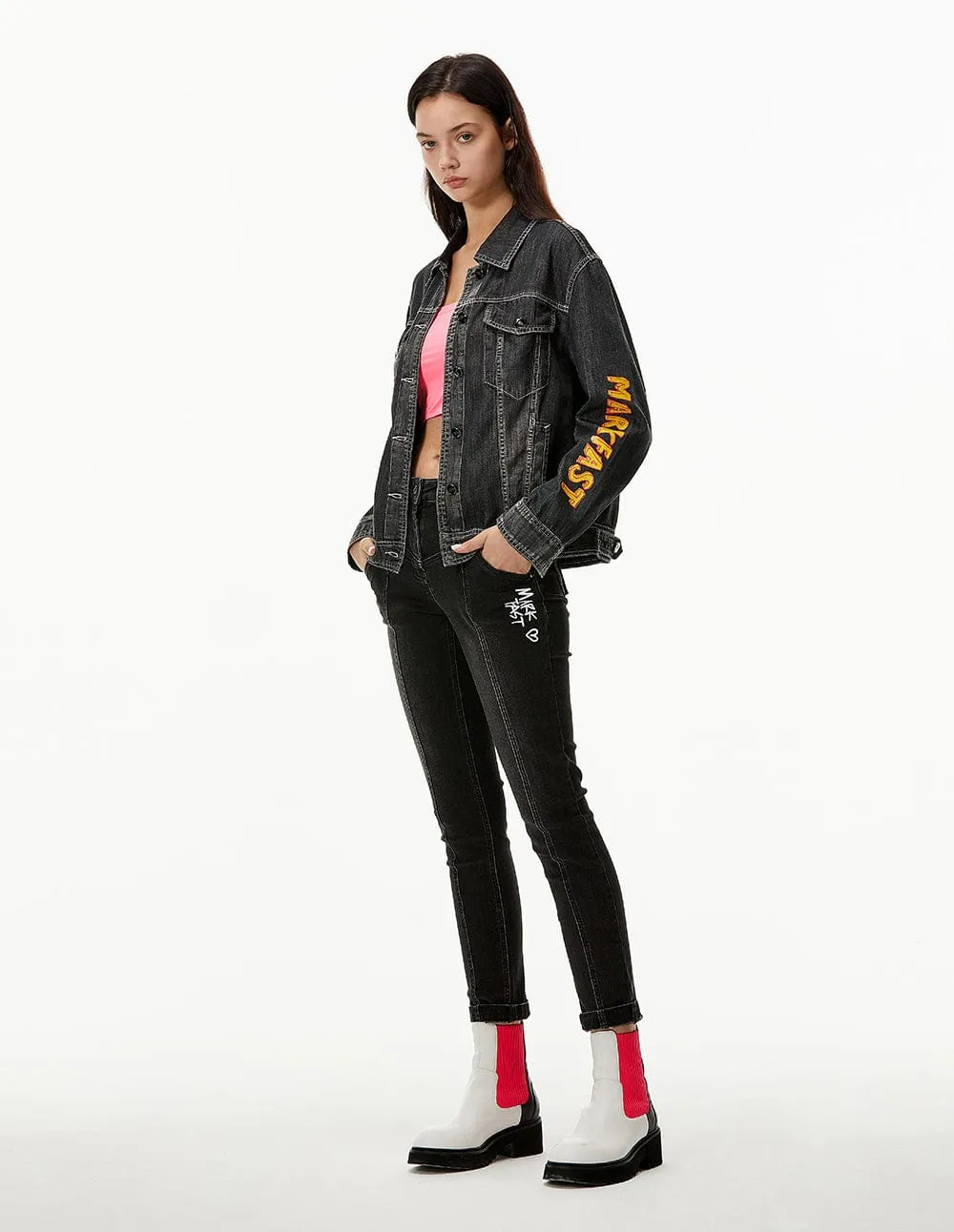 Women Black Button Up Washed Demin Jacket