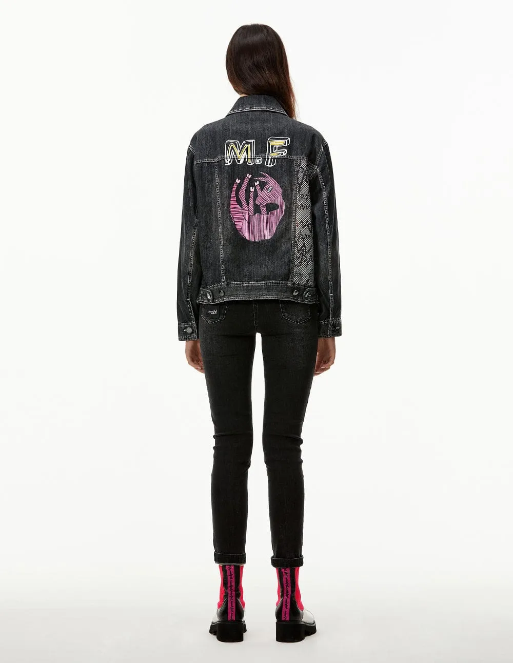 Women Black Button Up Washed Demin Jacket