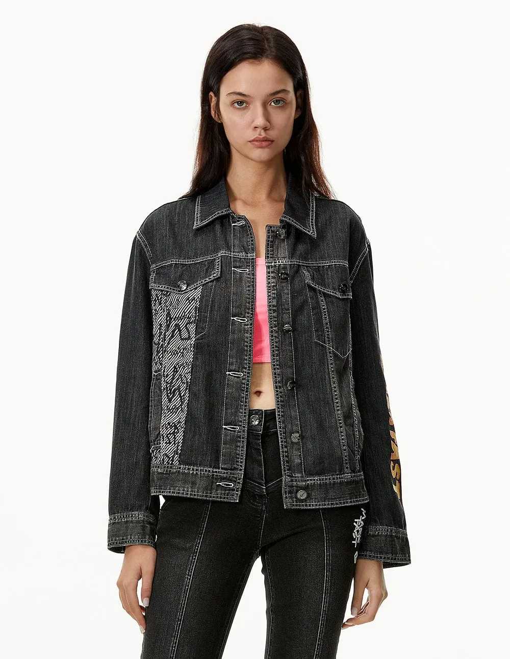 Women Black Button Up Washed Demin Jacket