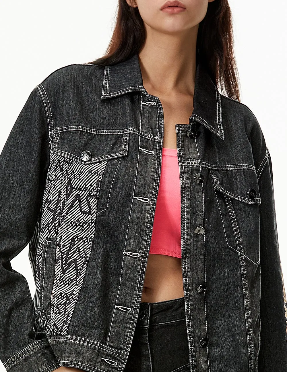 Women Black Button Up Washed Demin Jacket