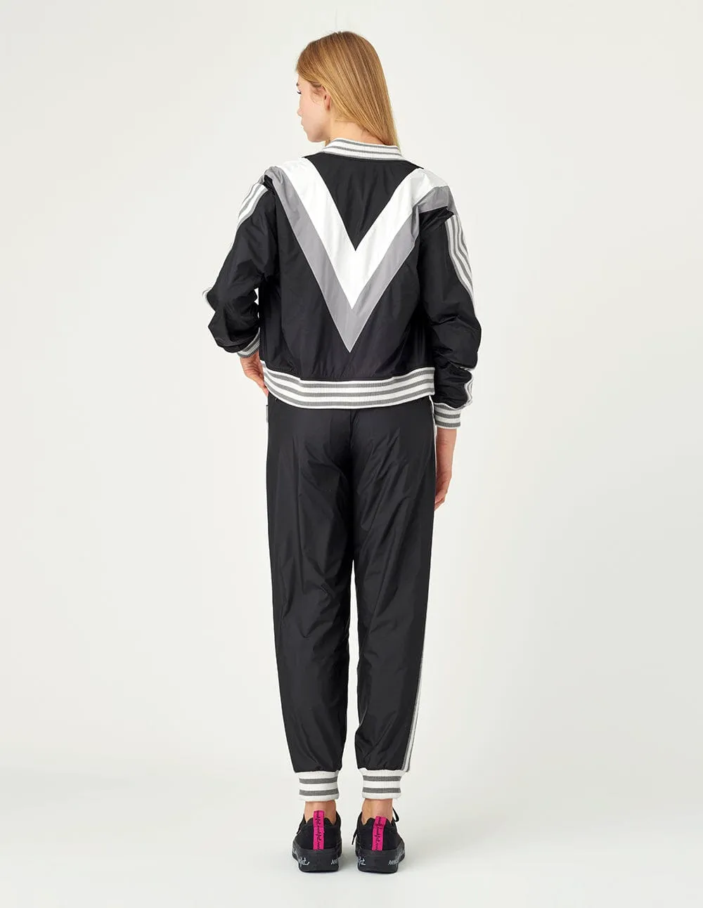 Women Color Block With Striped Flat Knit Windbreaker