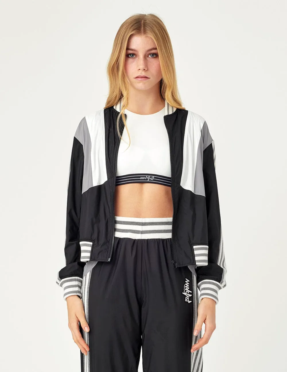 Women Color Block With Striped Flat Knit Windbreaker