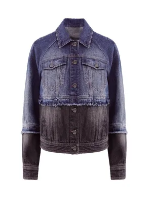 Women Raw Edge Raglan Sleeves Color Patch Denim Jacket