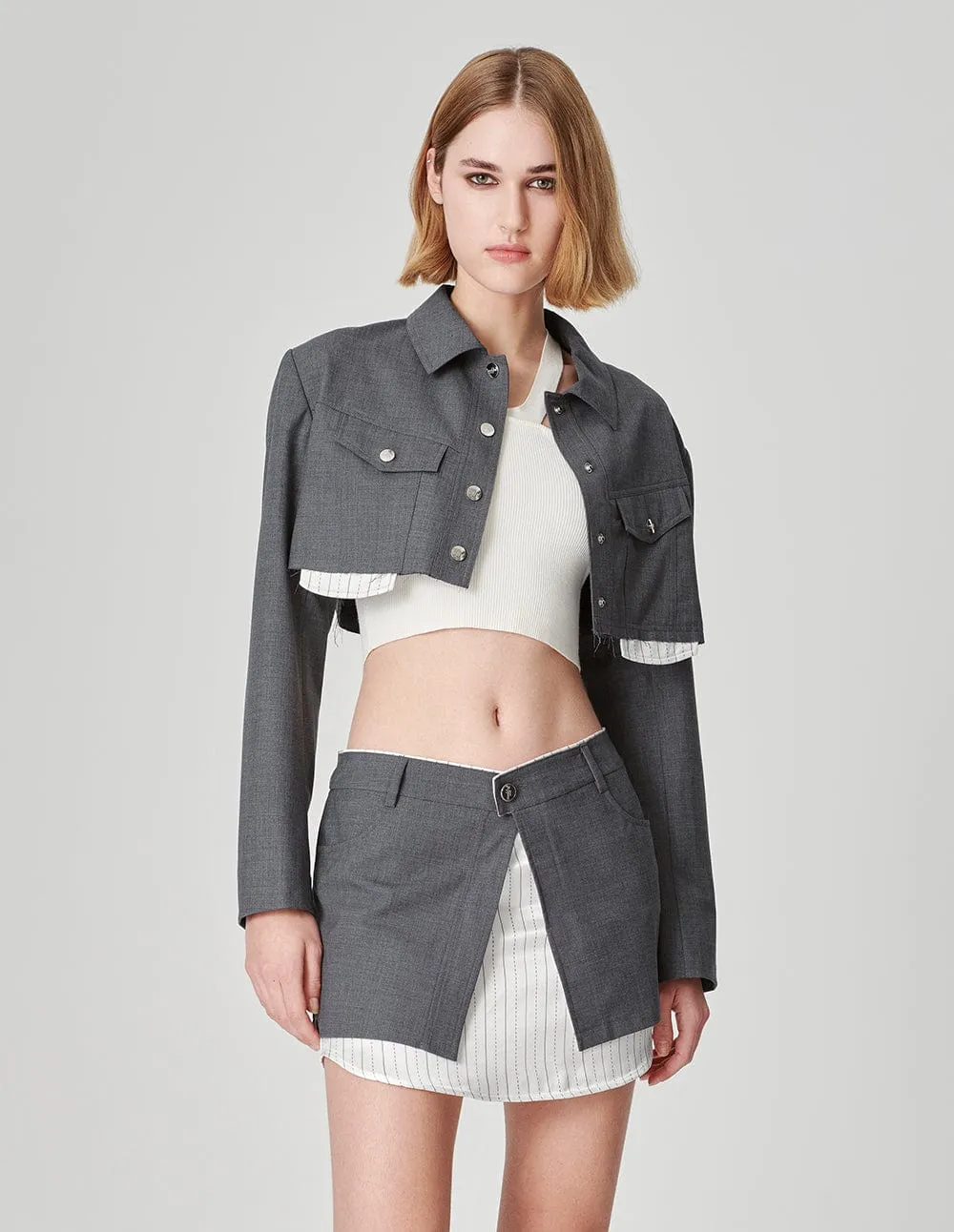 Women's Grey Wide Hem Short Blazer