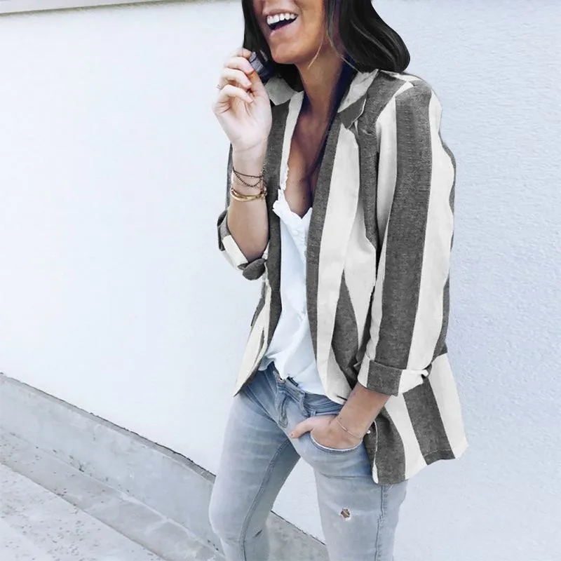 Women's Spring Casual Polyester Slim Striped Blazer
