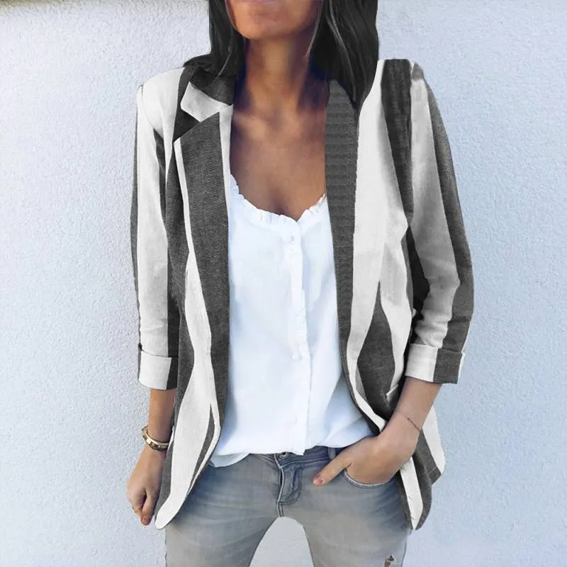 Women's Spring Casual Polyester Slim Striped Blazer