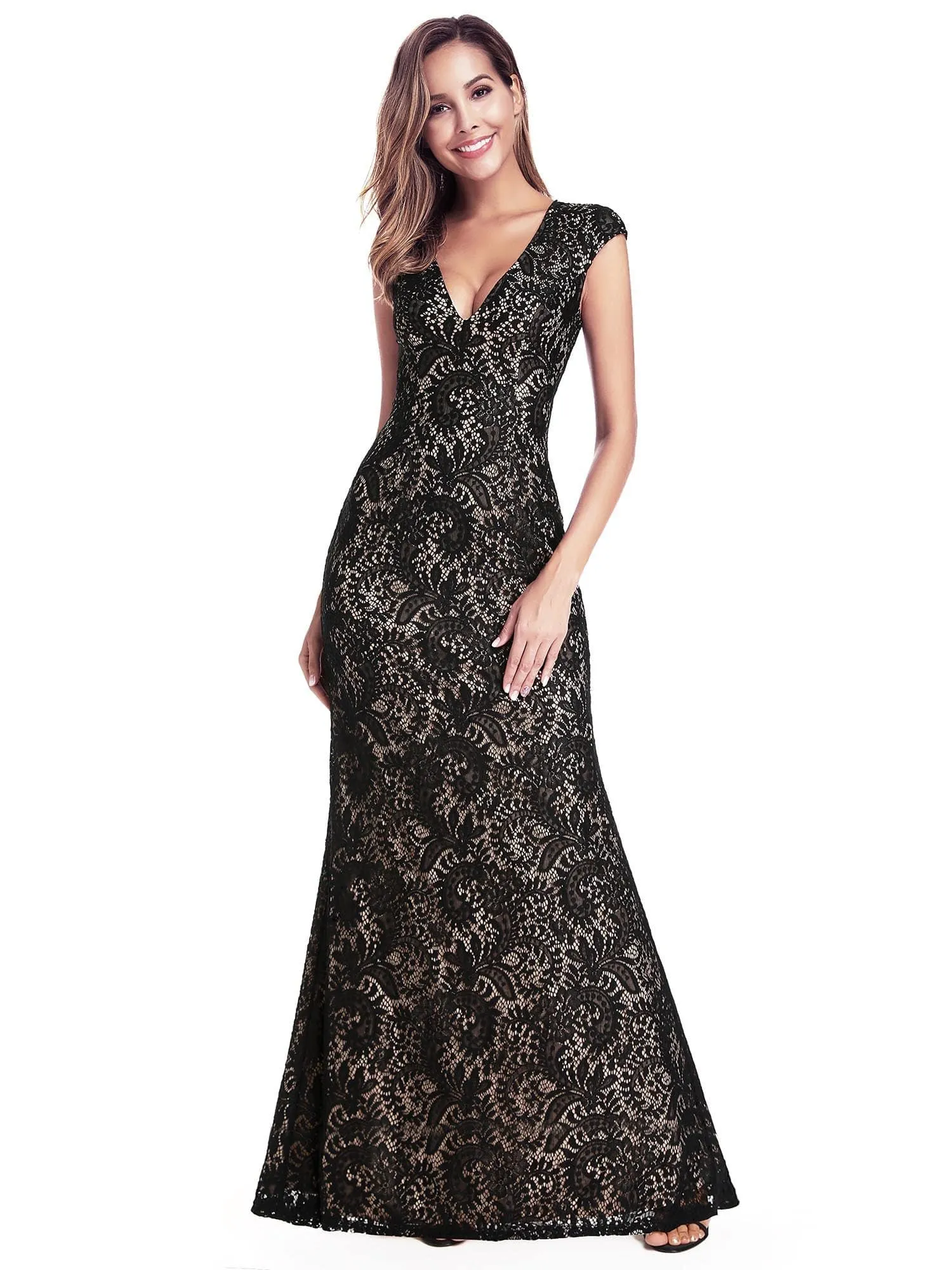 Women's V-Neck Cap Sleeve Floor Length Bridesmaid Dress